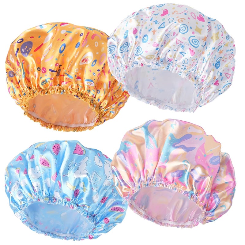 CHFONG 4 PCS Shower Cap for Women, Elastic and Reusable Bath Caps, Double Layers Shower Caps Reusable Waterproof, Bathing Shower Caps, Environmental Bath Hair Protection Cap - Watermelon - Image 1